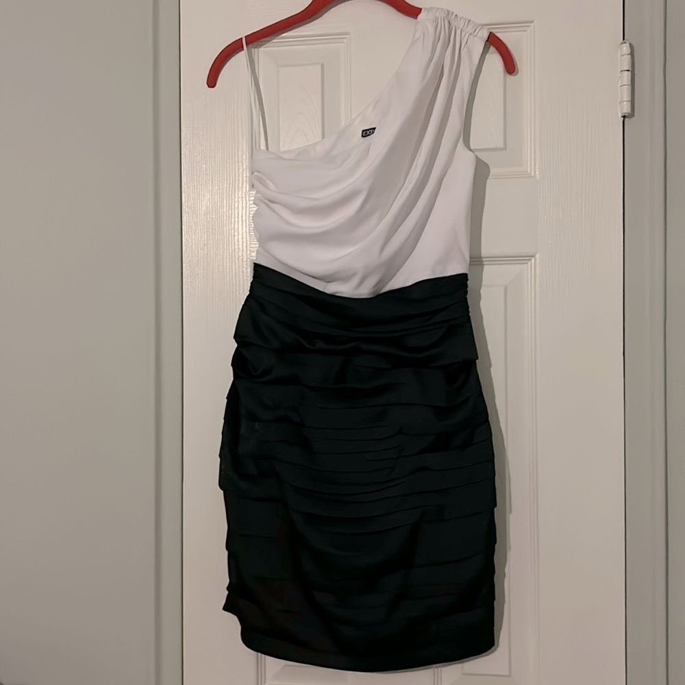 Express Black and White Colorblock One-Shoulder Ruched Mini Dress